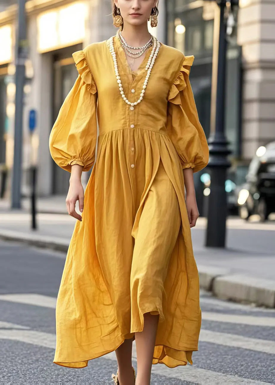 Yellow V Neck Cotton Holiday Dress Lantern Sleeve