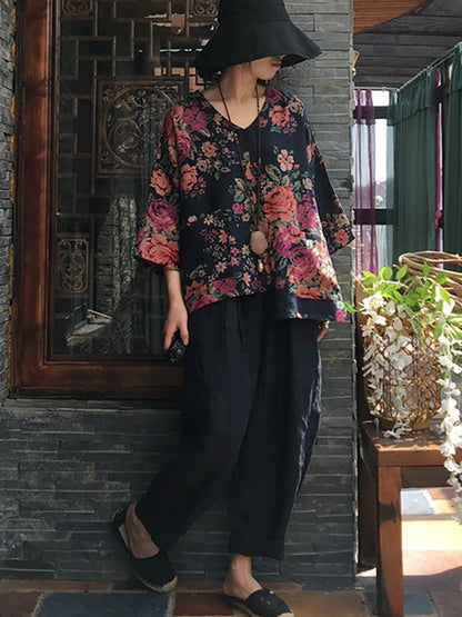 V-neck Long Sleeve Cotton Blouse Shirt