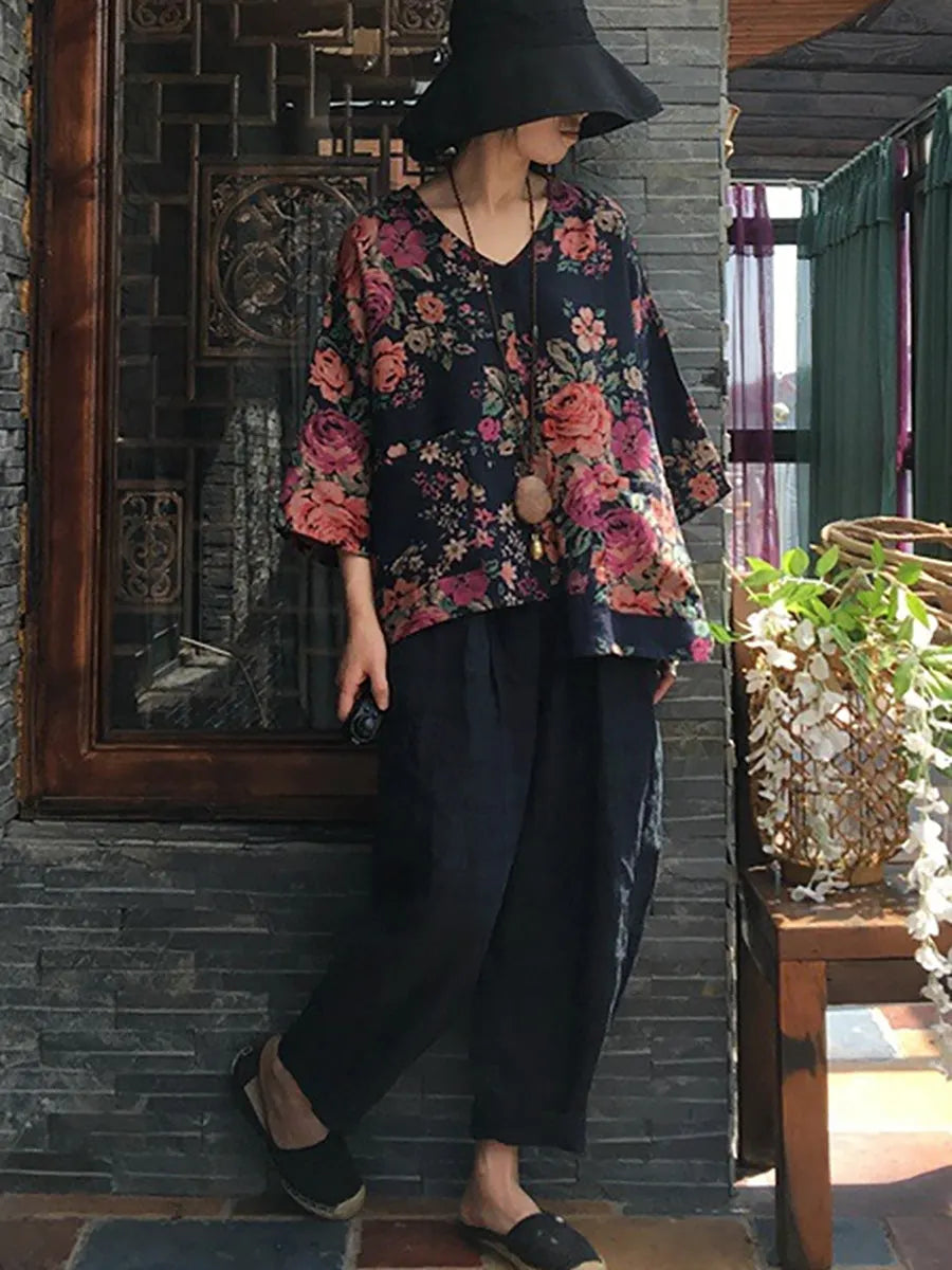 V-neck Long Sleeve Cotton Blouse Shirt