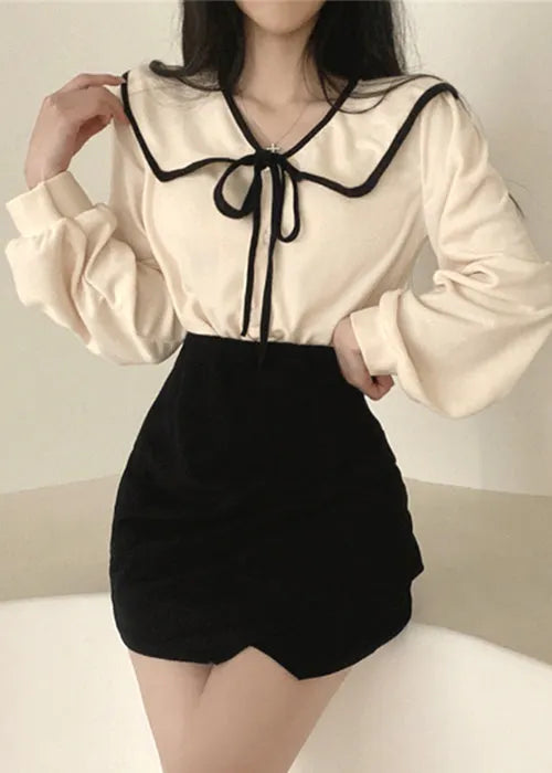 Art Apricot Original Design Lace Up Cotton Blouse Fall
