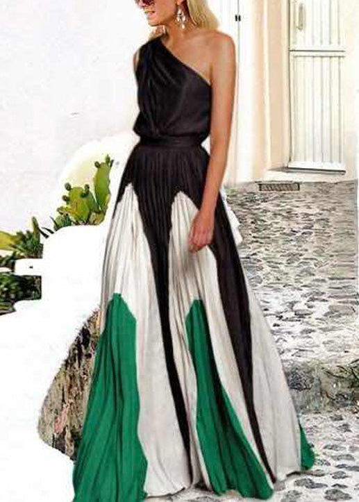Green One Shoulder Patchwork Cotton Dresses Summer