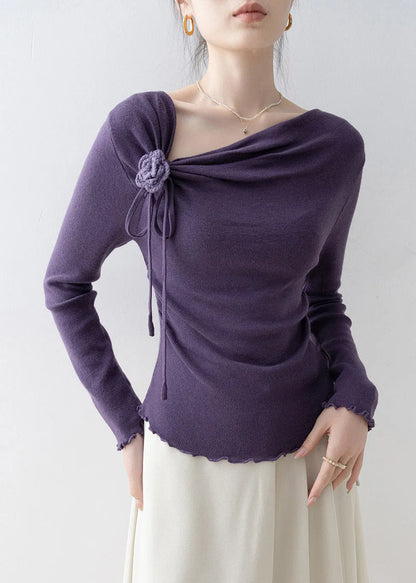 French Purple Slash Neck Ruffled Knit Top Spring