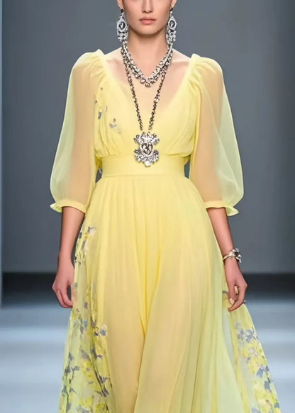 Handmade Yellow Cinched Print Chiffon Party Dress Summer