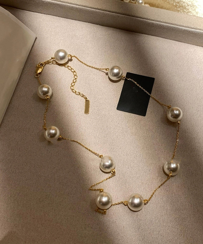 White Sterling Silver Overgild Pearl Sweaters Lariat Necklace