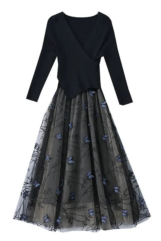 French Long Sleeve Knitted Mesh Embroidery Dress