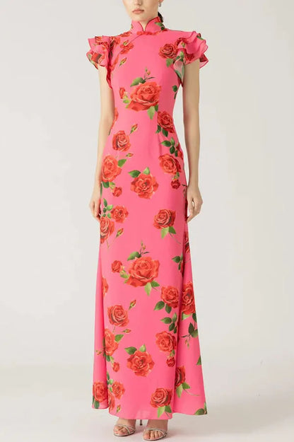 Cheongsam Style Rose Print Tiered Flare Sleeve Stretch Maxi Dress
