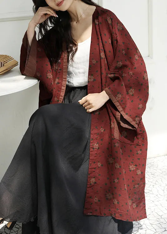 Red Pockets Print Patchwork Linen Cardigans Fall