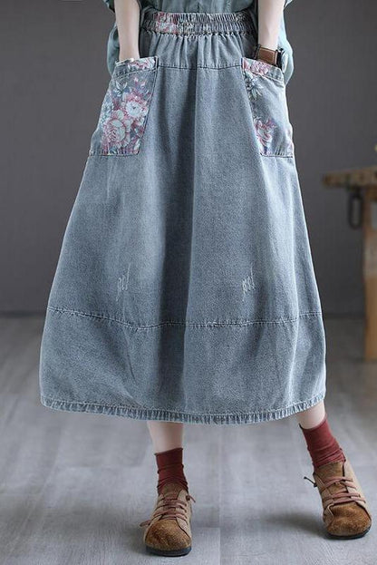 Elastic Waist Denim Cotton Skirt