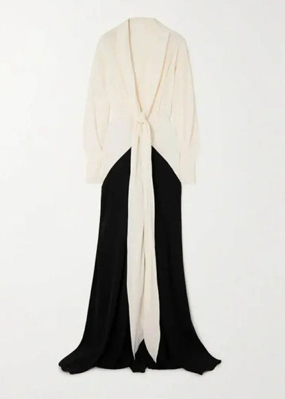 European and American Color Blocked V-neck Long Sleeved Dress