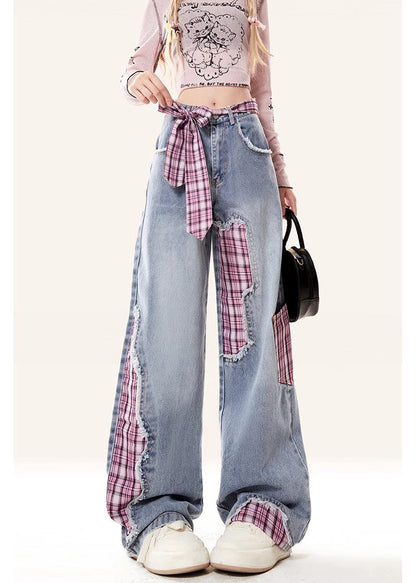 Fine Rose Asymmetrical Patchwork Denim Straight Pants Spring