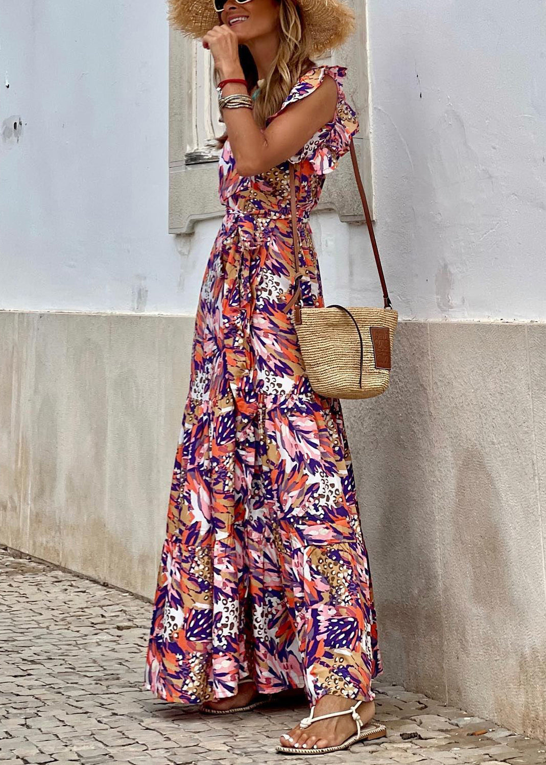 Print Tie Waist Cotton Long Dress Sleeveless