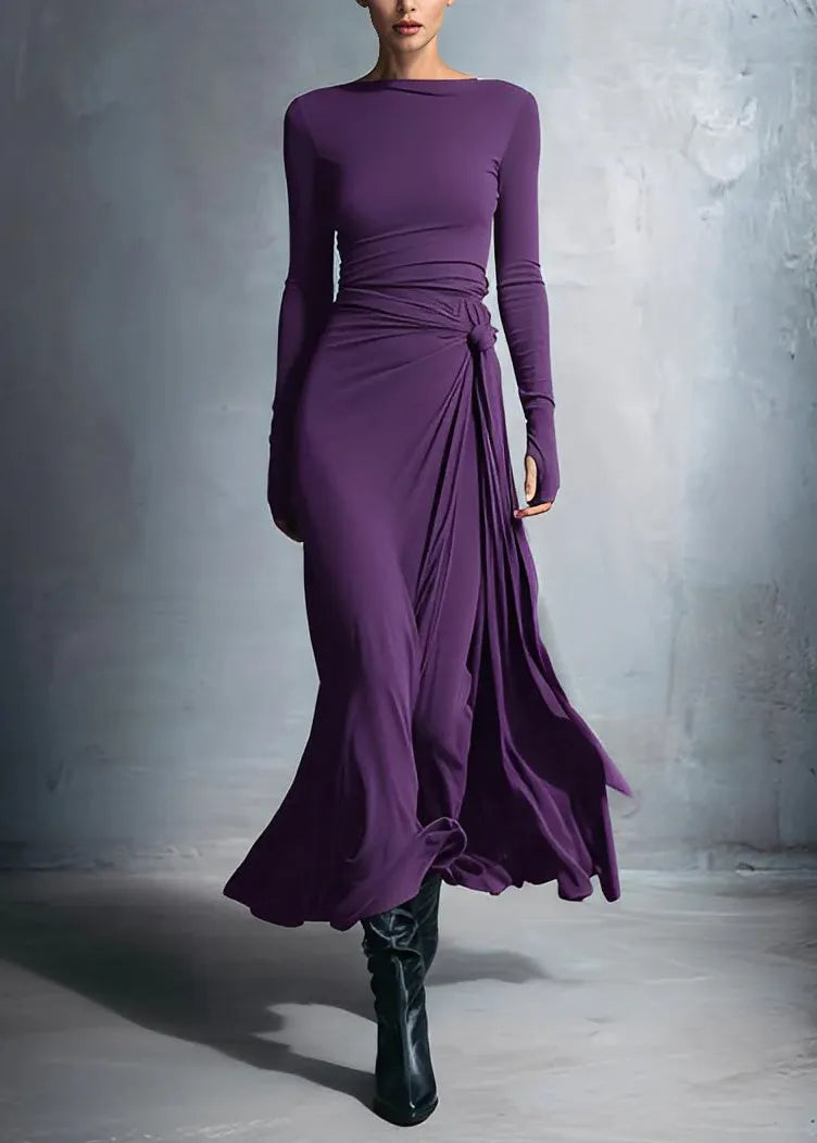 Fitted Grey Slash Neck Patchwork Cotton Long Dress Fall