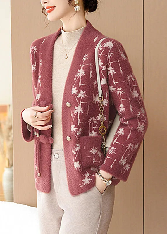 Red Print Mink Hair Knitted Cardigans Long Sleeve