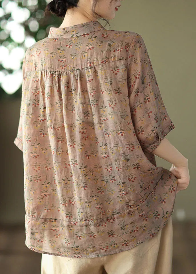 Yellow Peter Pan Collar Print Linen Shirt Tops Summer