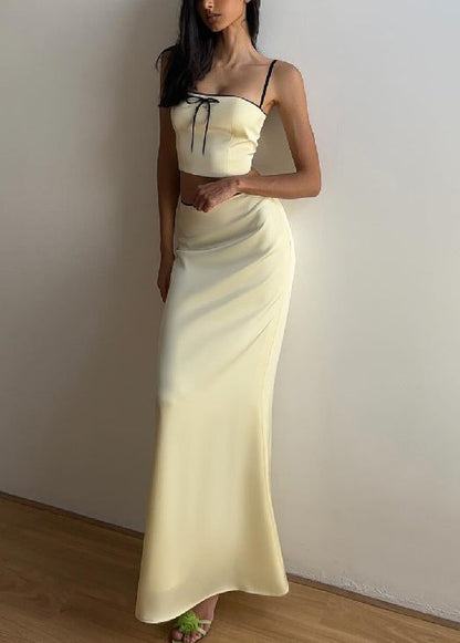 Yellow Bow Spaghetti Strap Tank and Skirts Silk Two Pieces Set Sleeveless