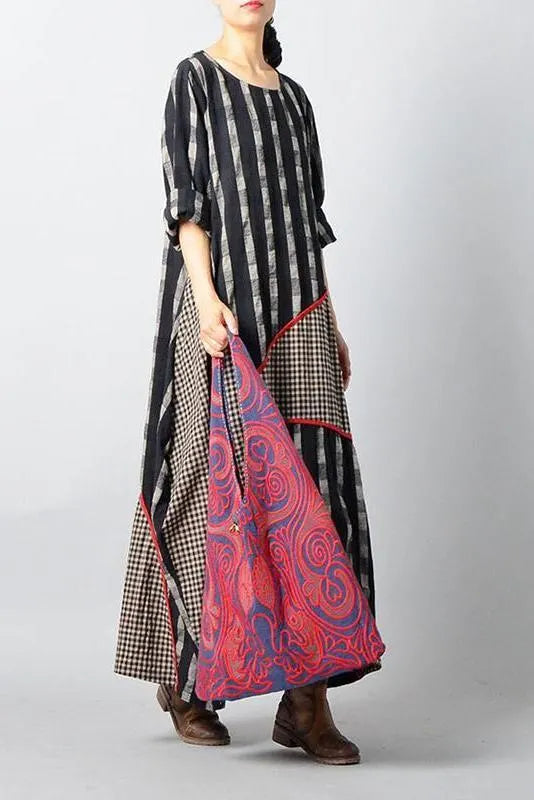 Limited Stock- Stripes Plaid Spliced Irregular Cotton Linen Dress