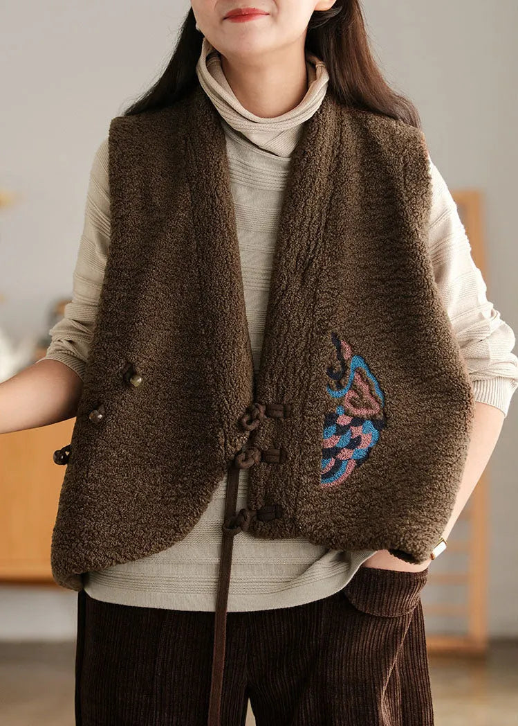 Diy Chocolate Embroidered Asymmetrical Design Faux Fur Vest Sleeveless