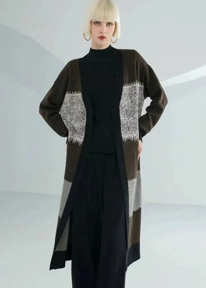 Unique Chocolate Green V Neck Patchwork Print Wool Knit Cardigan Long Sleeve