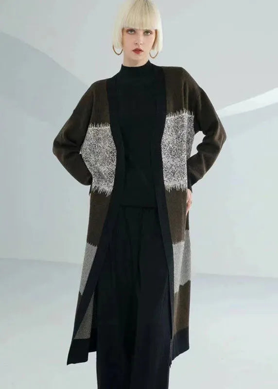 Unique Chocolate Green V Neck Patchwork Print Wool Knit Cardigan Long Sleeve