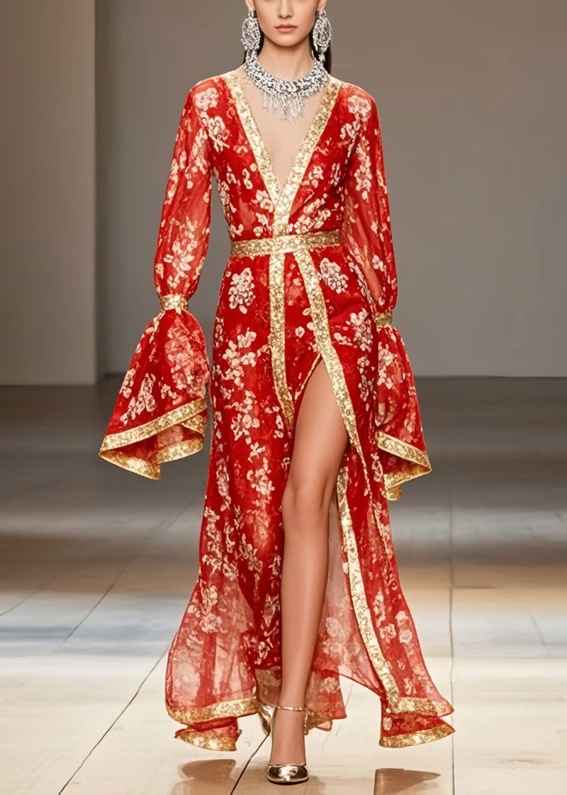 New Retro Red Print Side Open Chiffon Wedding Dress Flare Sleeve