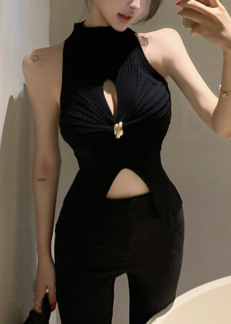 Black Hollow Out Knit Tank Turtleneck Sleeveless