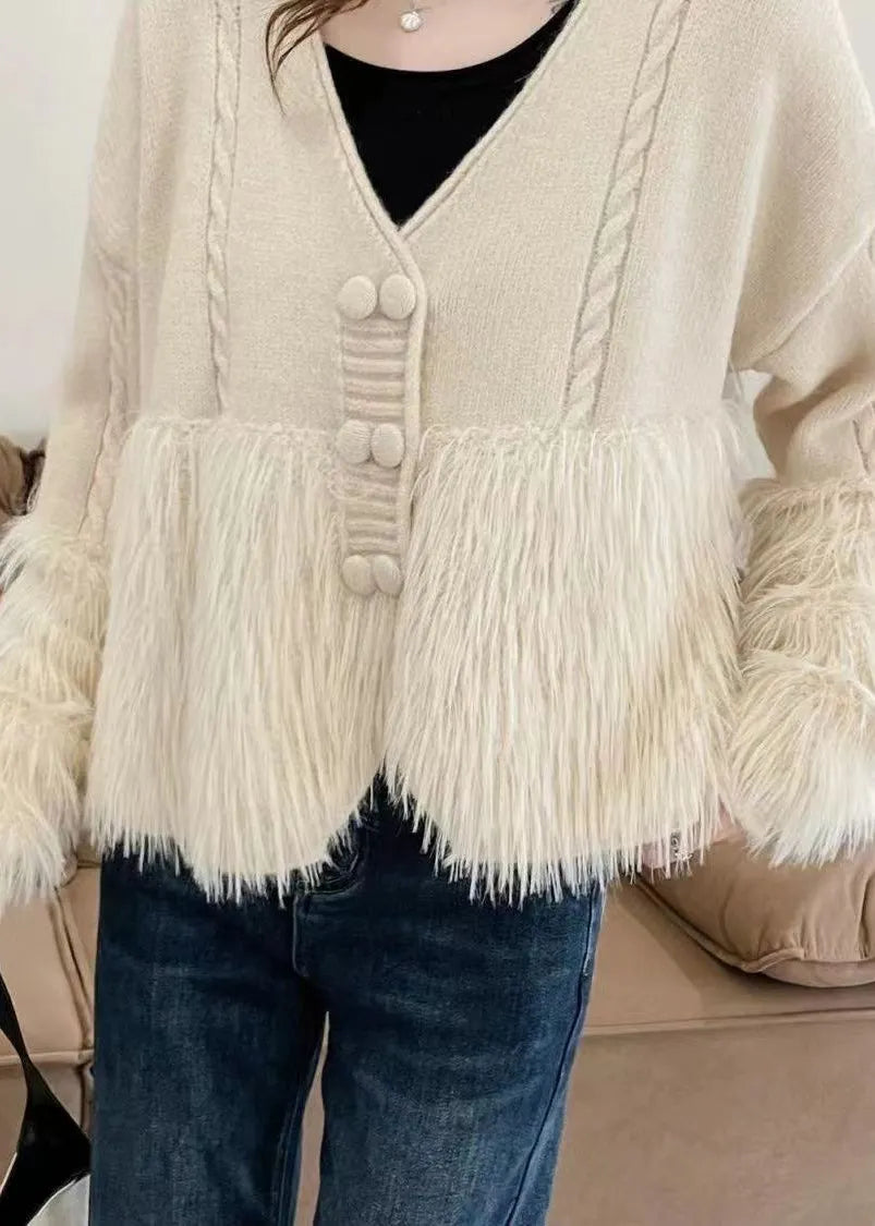 Apricot V Neck Patchwork Mink Hair Knitted Cardigan Fall