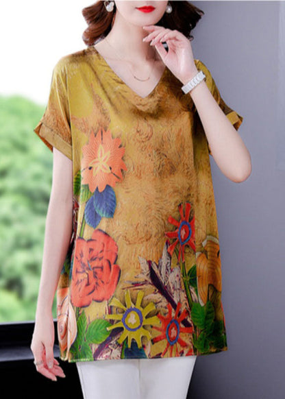 Yellow V Neck Original Design Print Side Open Silk Top Short Sleeve