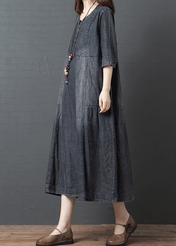 Black V Neck Cotton Denim Holiday Dress Half Sleeve