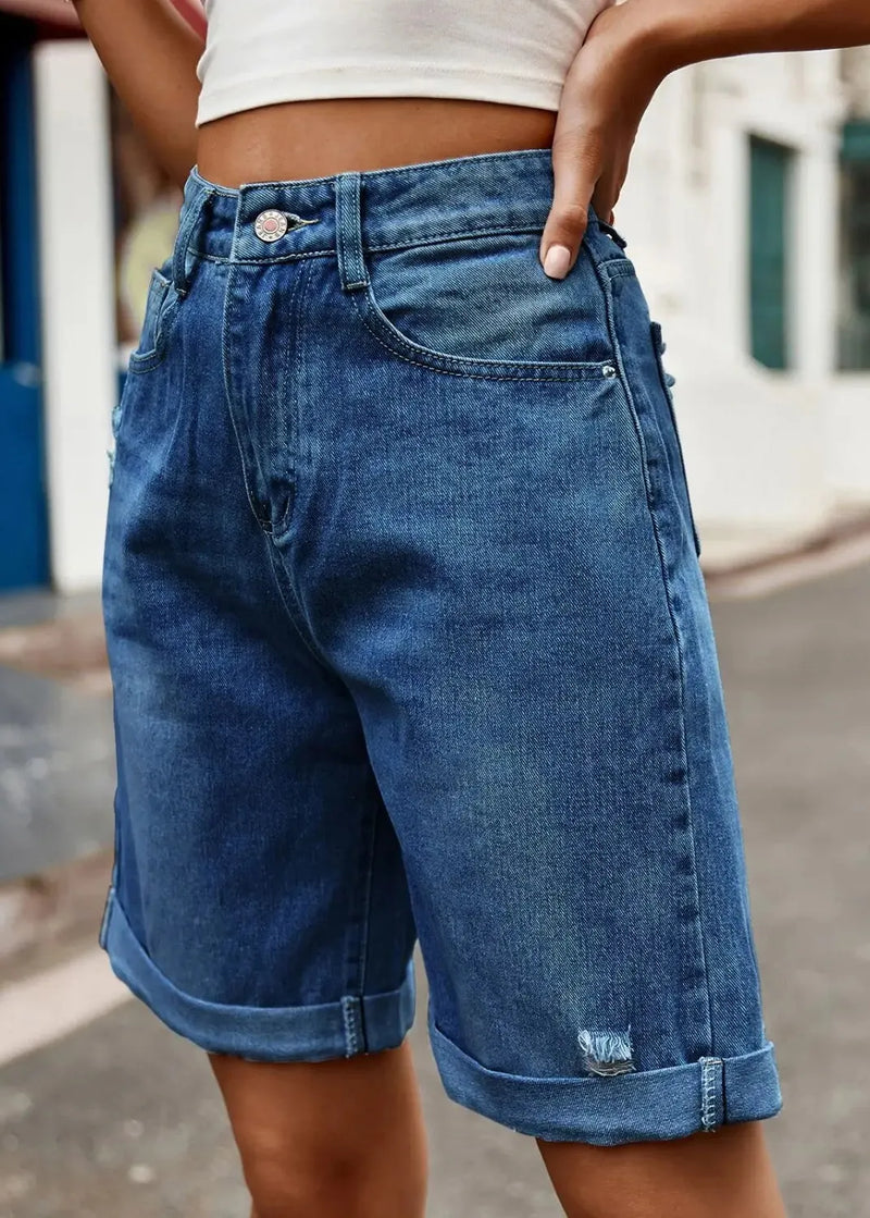Denim Blue Button Denim Summer Shorts High Waist