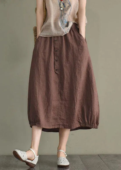 Beige Button a Line Summer Loose Skirts Linen