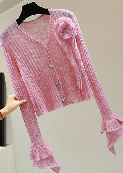 Novelty Pink Ruffled Nail Bead Cotton Knit Sweater Spring