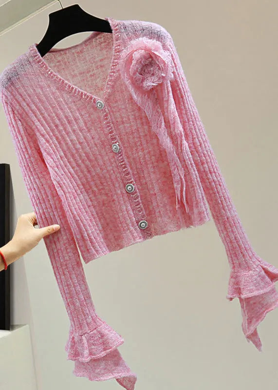 Novelty Pink Ruffled Nail Bead Cotton Knit Sweater Spring
