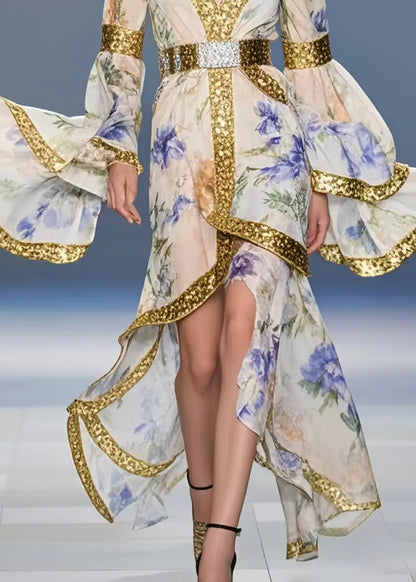 Fine Apricot Print Asymmetrical Design Chiffon Tunic Dresses Flare Sleeve