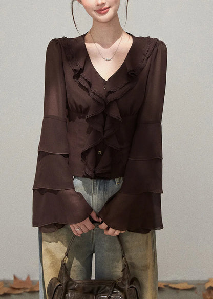 Silm Fit Brown Ruffled Chiffon Shirts Fall