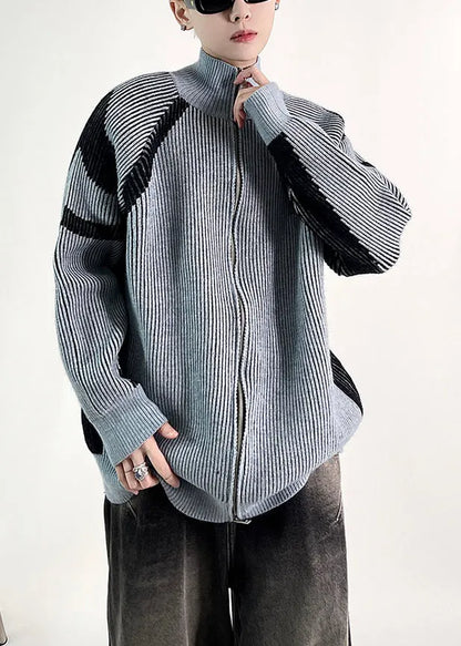 New Blue Striped Zip Up Knit Coat Fall