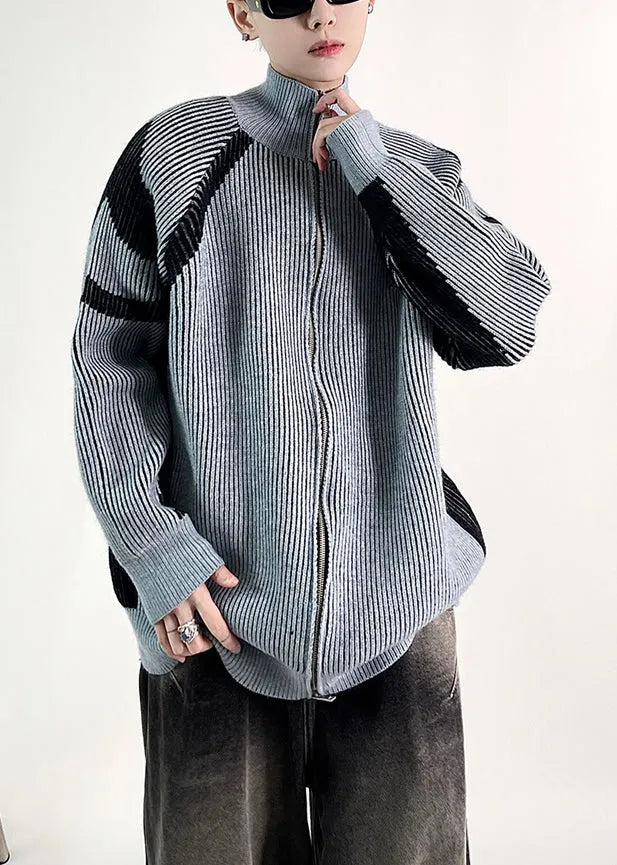 New Blue Striped Zip Up Knit Coat Fall