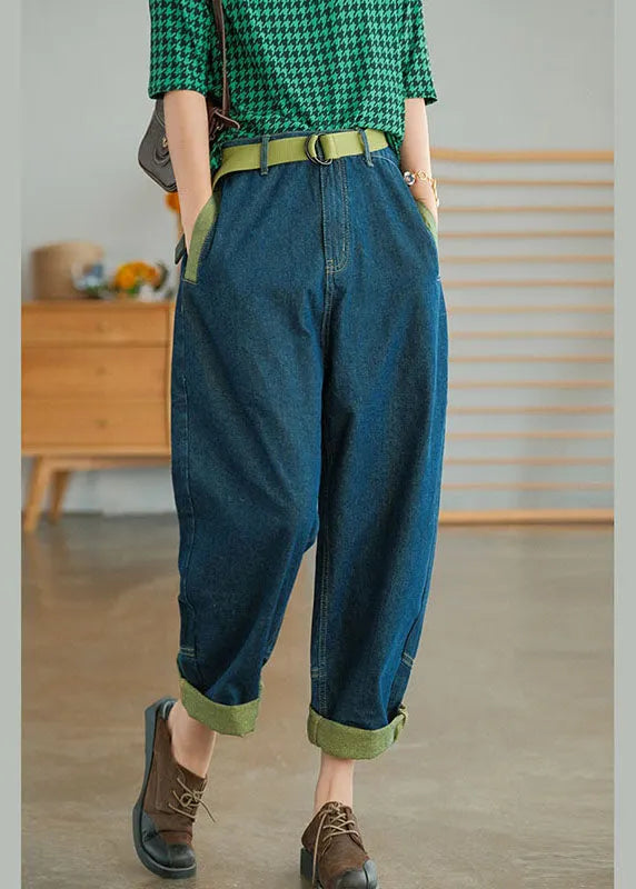 Blue Pockets Patchwork Harem Fall Pants