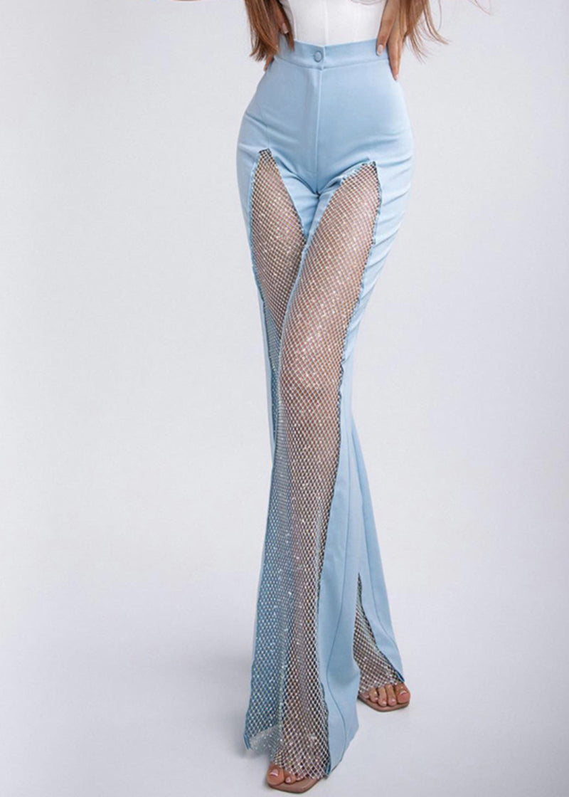 Blue Hollow Out Patchwork Tulle Bell-bottom Trousers Spring