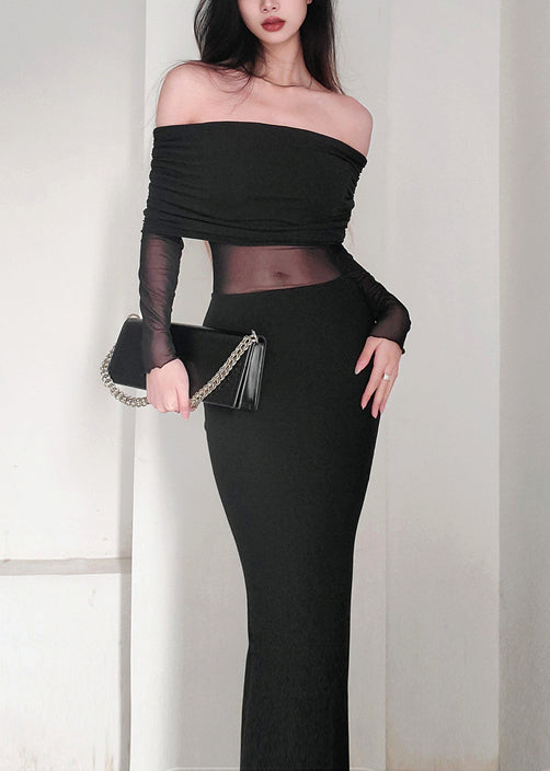 Black Slash Neck Tulle Patchwork Long Dress Spring