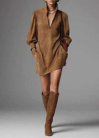 New Khaki Stand Collar Zip Up Patchwork Faux Suede Mini Dress Fall