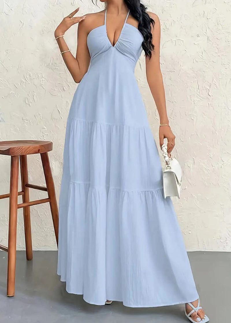 White Wrinkled Patchwork Cotton Halter Dress Sleeveless