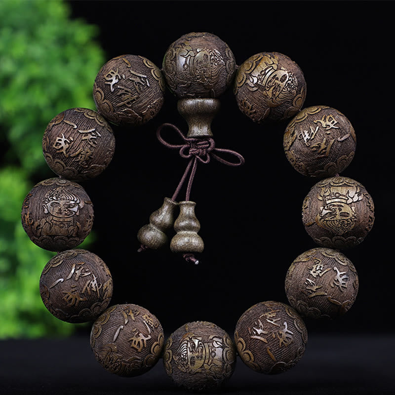 Buddha Stones Chinese Zodiac Rosewood Ebony Copper Coin Pixiu Carved Warmth Bracelet