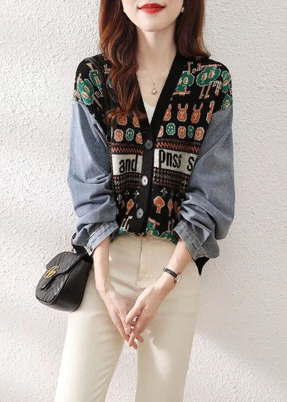 Black V Neck Button Patchwork Knit Sweaters Cardigan Fall