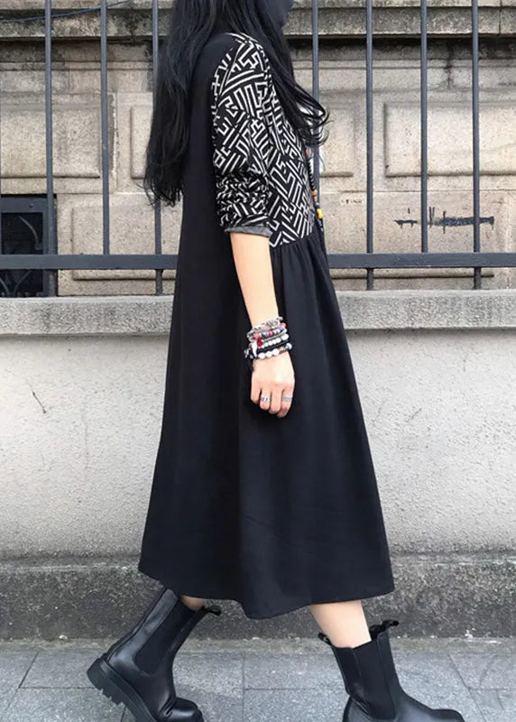 Black O-neck Asymmetrical Patchwork Cotton Maxi Dress Long Sleeve