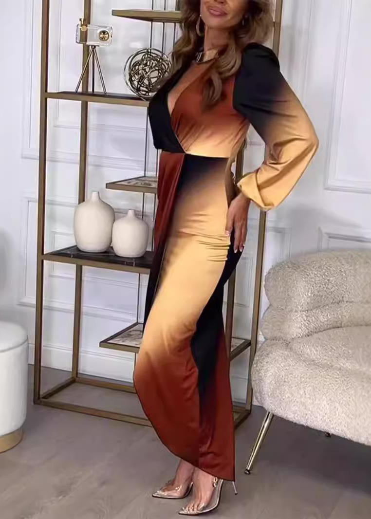 Gradient Color V Neck Patchwork Cotton Dress Long Sleeve