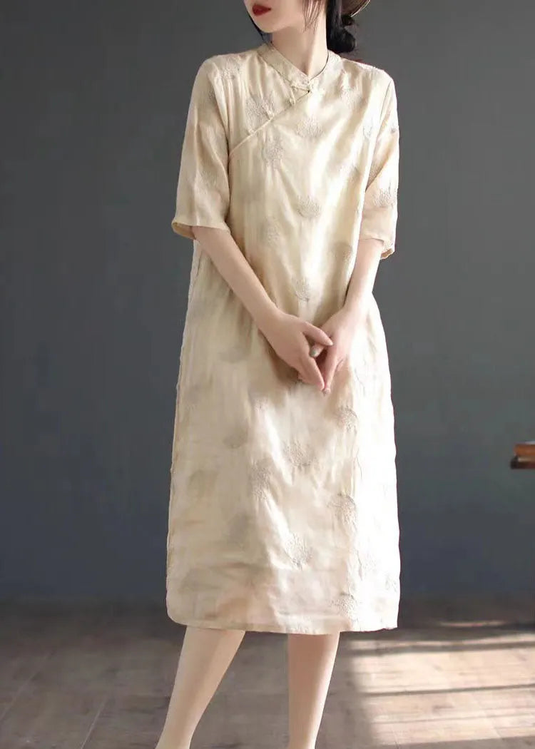 Chinese Style Apricot Embroidered Button Patchwork Linen Dress Summer