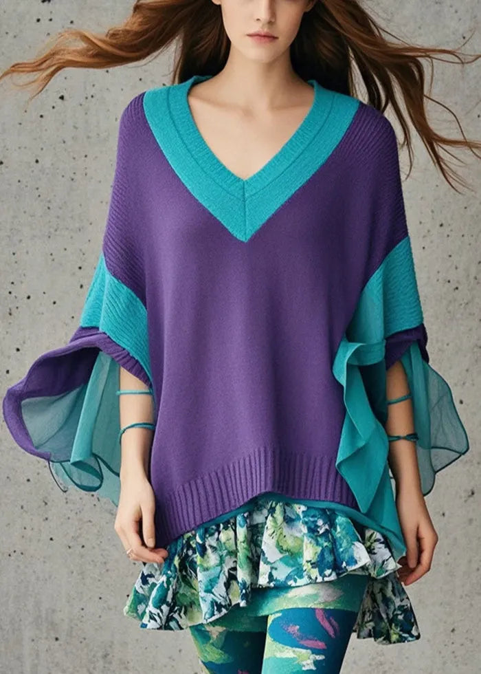 Diy Dull Purple V Neck Patchwork Tulle Sweater Fall