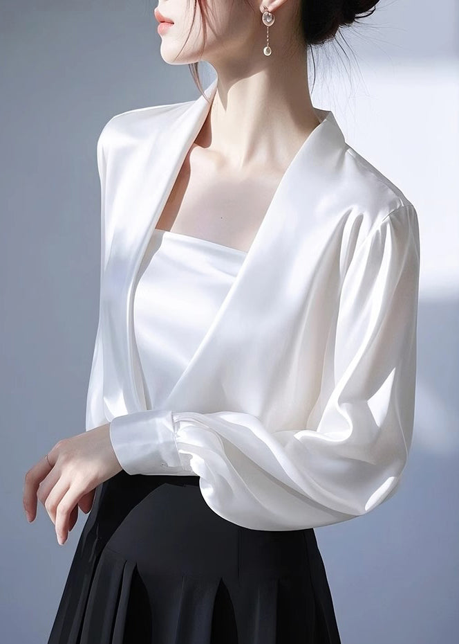 Classy White V Neck Satin Shirt Spring
