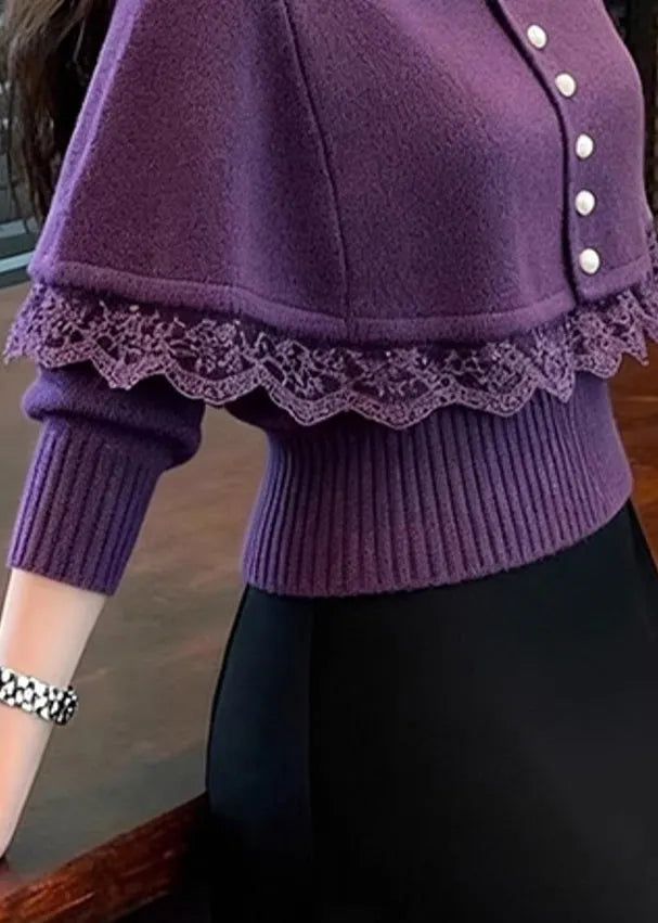 Fine Purple Button Lace Patchwork Knit Cape Sweater Winter