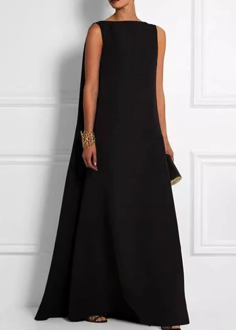 French Black High Waist Cotton Ankle Dress Sleeveless